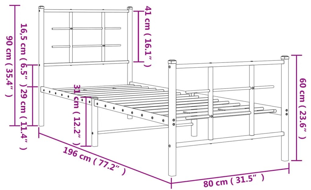 Estrutura de cama com cabeceira e pés 75x190 cm metal branco