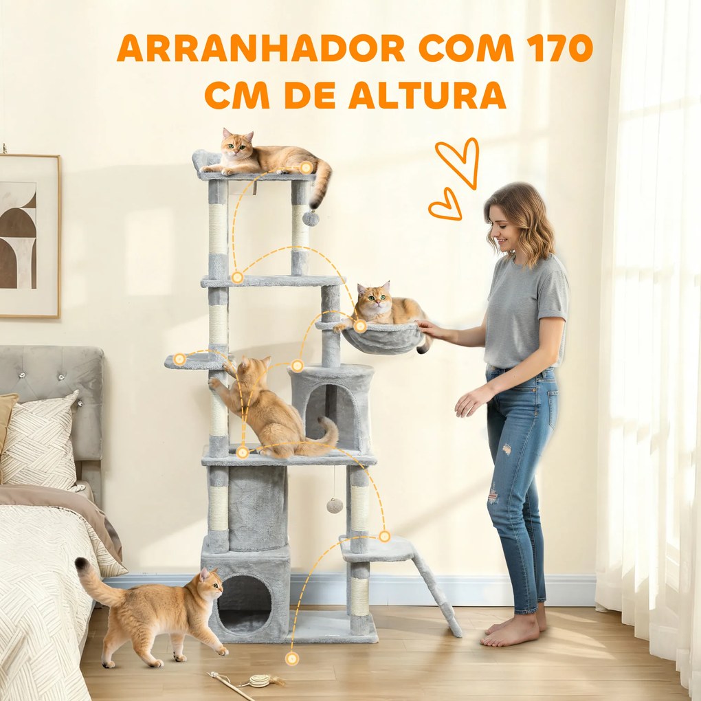 Arranhador para Gatos Grande com 7 Postes 1 Túnel 3 Plataformas 2 Cavernas 1 Rede 1 Poleiro 1 Rampa Pompons 60x40x170 cm Cinzento