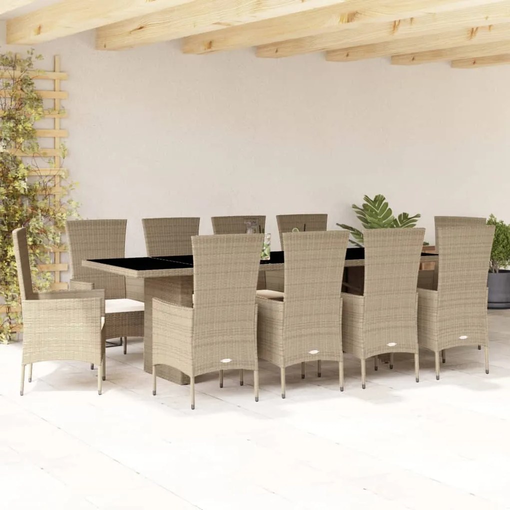vidaXL 7 pcs conjunto de jantar p/ jardim com almofadões vime PE bege