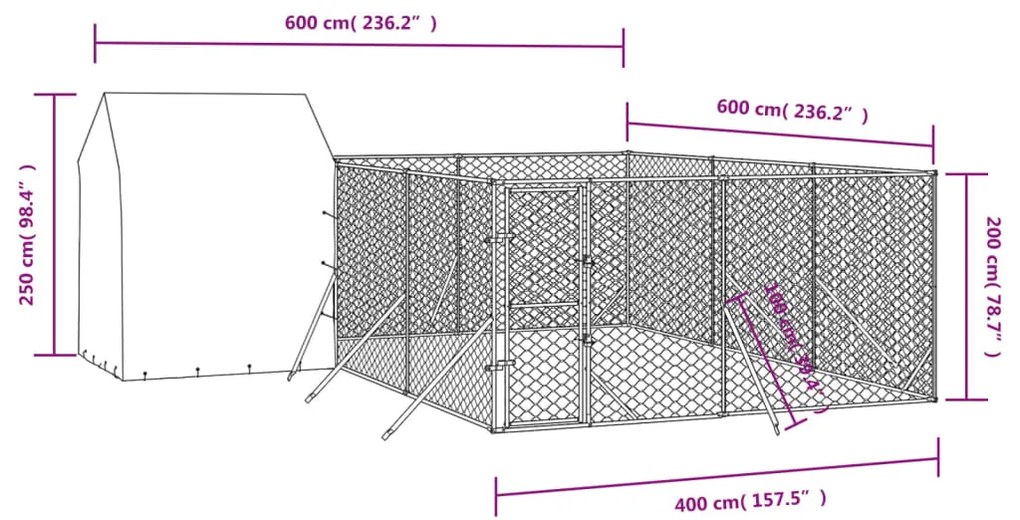 Canil de exterior com teto 6x6x2,5 m aço galvanizado prateado