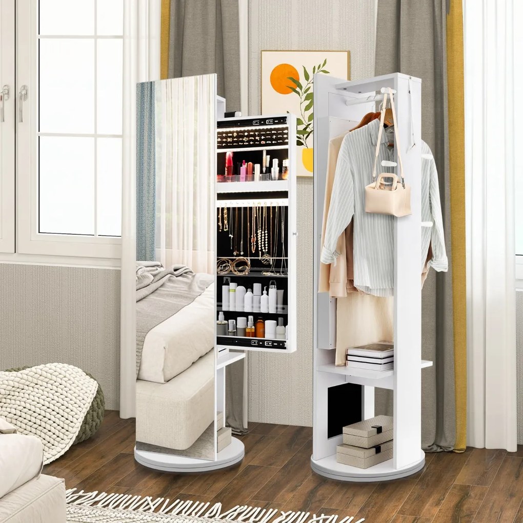 Espelho Armário para joias giratório 360 ° com cabide espelhado independente e luzes LED 50 x 50 x 166,5 cm branco