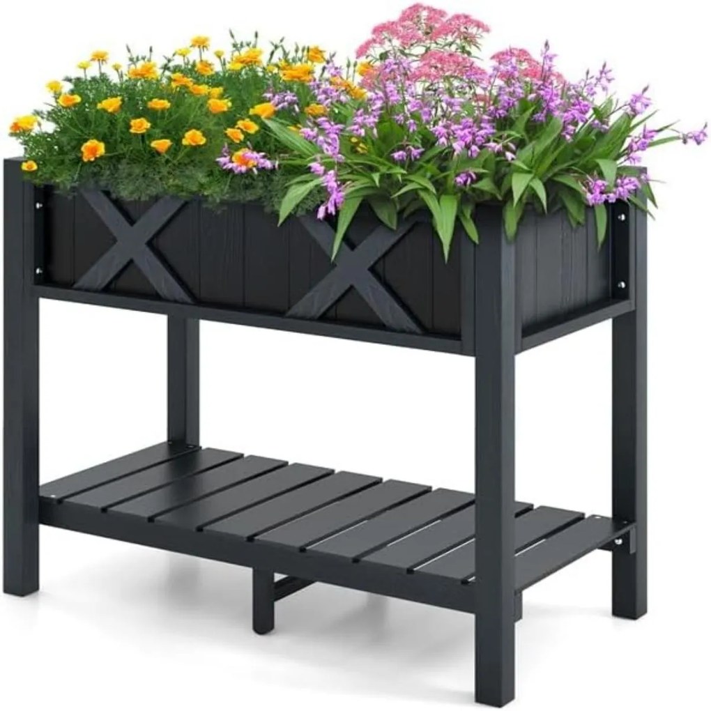 Floreira de jardim elevada com pernas Furos de drenagem Estante de armazenamento Cama de cultivo para ervas 86 x 45 x 73 cm Preto