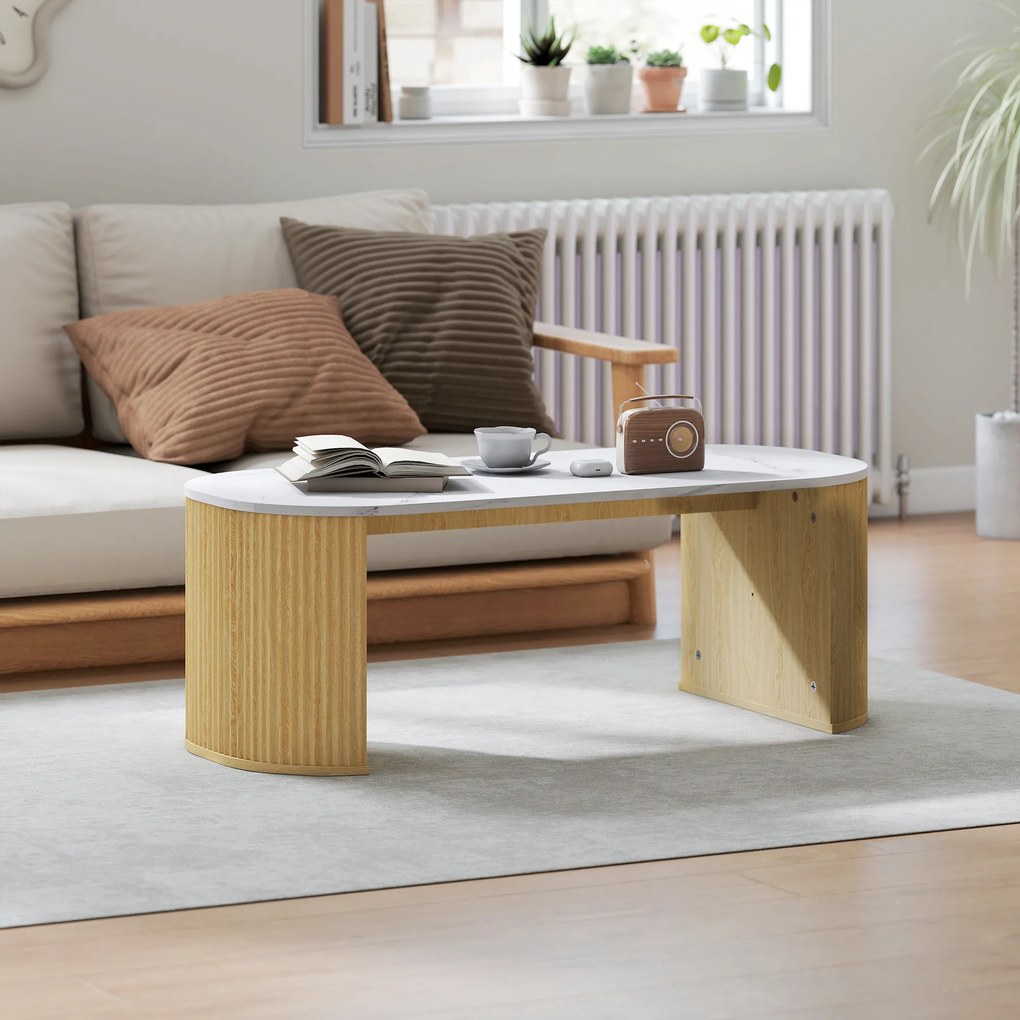 Mesa de centro oval 110 x 50 x 40 cm, mesa auxiliar com efeito de mármore, cantos arredondados e pés grossos, branca e castanha