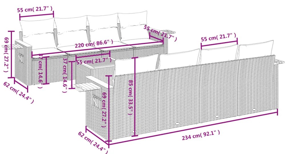 9 pcs conjunto de sofás p/ jardim c/ almofadões vime PE preto
