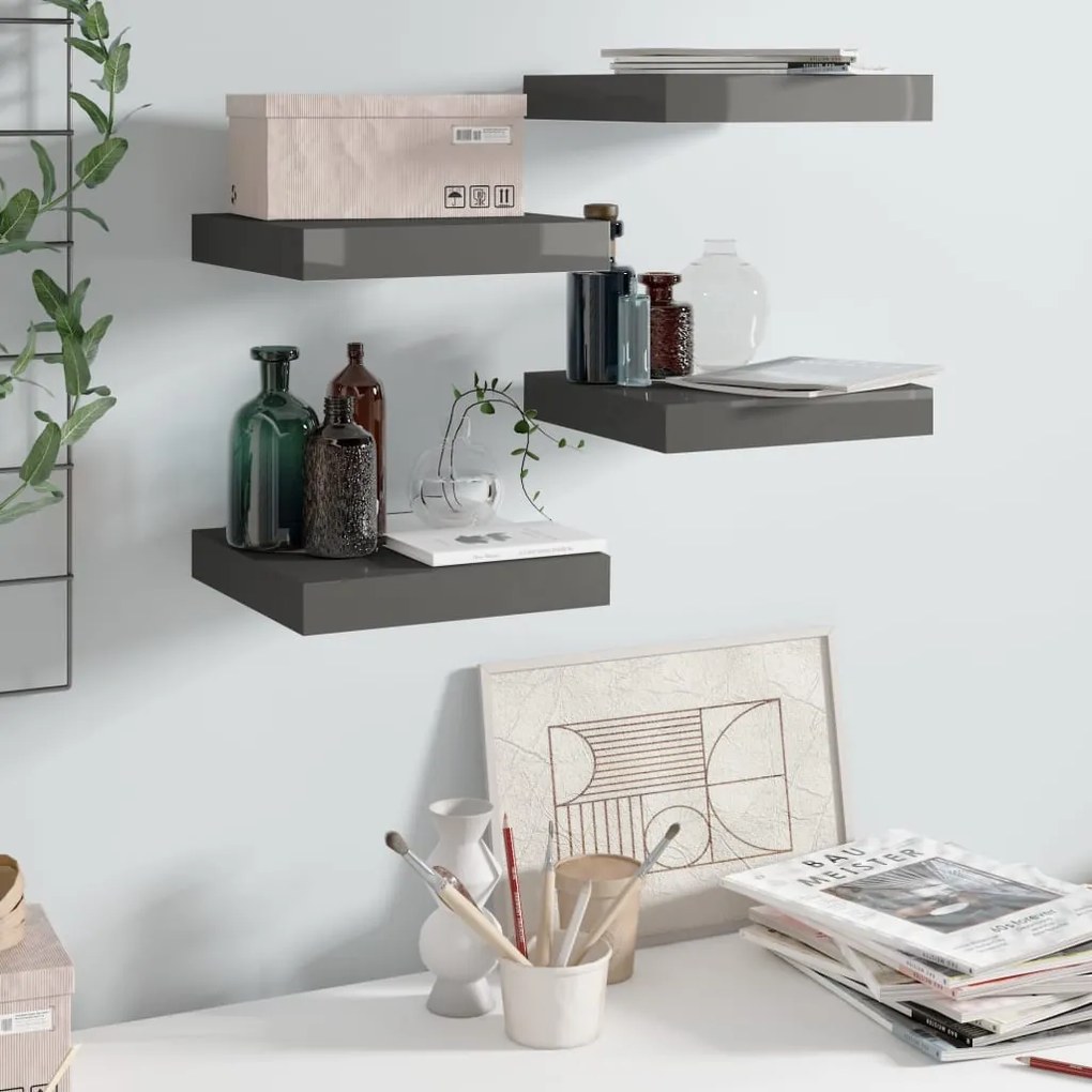 vidaXL Prateleiras de parede suspensas 4 pcs 23x23,5x3,8cm MDF cinza