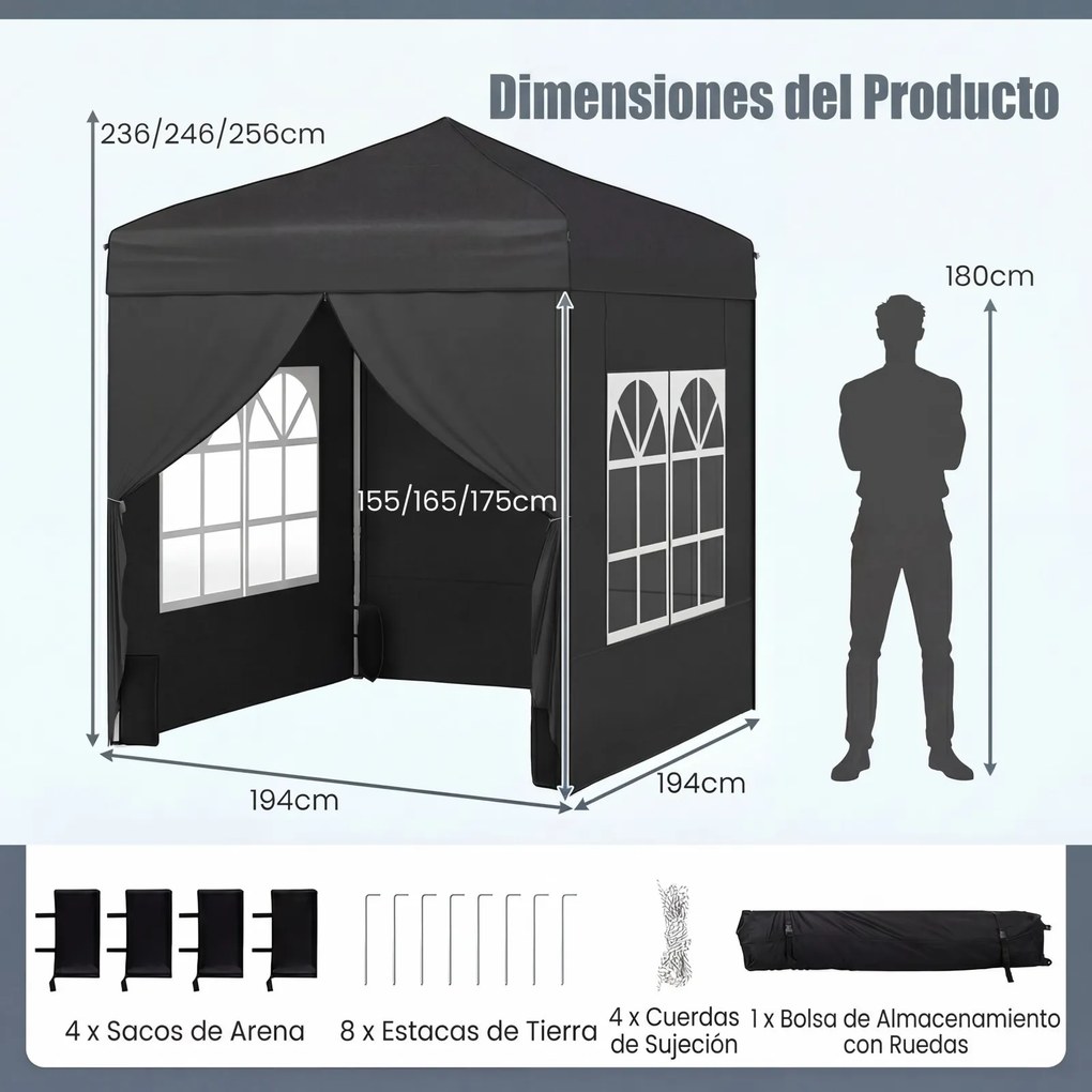 Tenda dobrável 194 x 194 cm, com 4 paredes laterais, 3 alturas ajustáveis, e 4 sacos de areia, 8 estacas, Preta