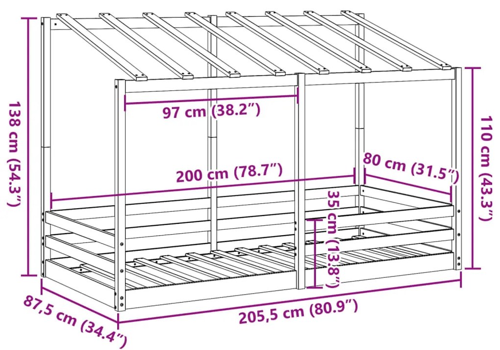 Cama infantil com telhado 80x200 cm pinho maciço castanho-mel
