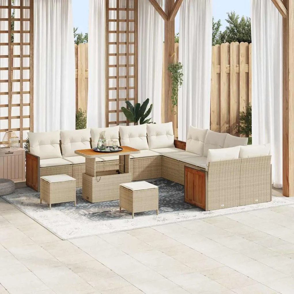 Conjunto de Sofá de Jardim vidaXL com Almofadas Bege Rattan PE Acácia
