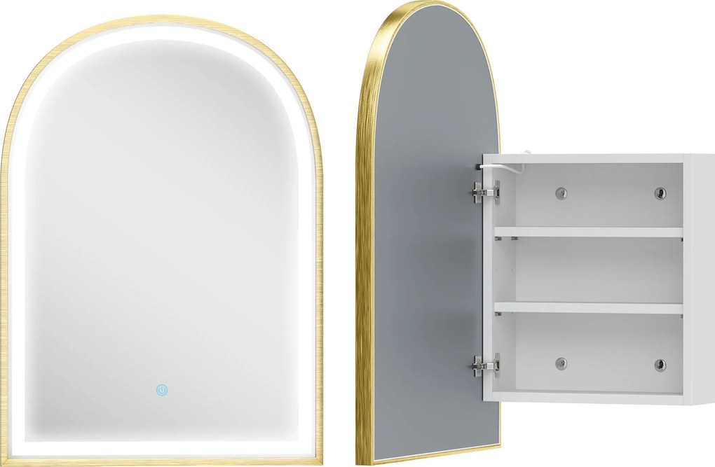 HOMCOM Armário de Parede para Banheiro com Espelho e Iluminação LED Porta Arqueada Antiembaçamento 50x14,5x70 cm Dourado | Aosom Portugal