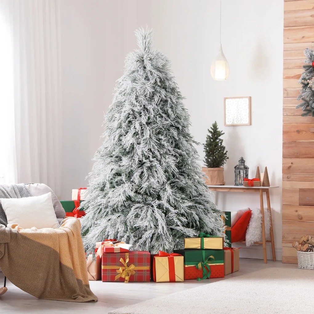 Árvore de Natal com neve de 192 cm com luzes LED brancas quentes Agulhas de pinheiro e folhas de salgueiro Decoração pré-iluminada Verde e Branco
