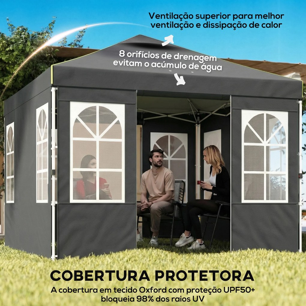 Tenda Dobrável 3x3 m Pop-up com UPF50+, 4 Laterais Removíveis, Altura Ajustável e Bolsa de Transporte - Cinzento Escuro