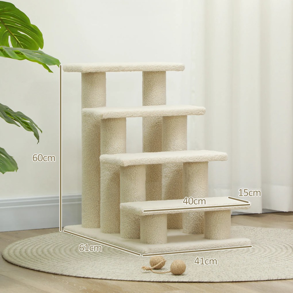 Escada para animais de estimação com 4 degraus 61 x 41 x 60 cm, revestimento com efeito de lã encaracolada, cor creme