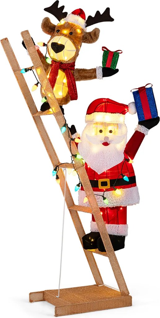 Rena e Pai Natal Iluminadas em Escada 3D Pré-iluminada com 100 LEDs para Interior e Exterior com Braçadeiras e Estacas 166 cm