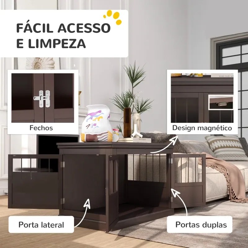 Gaiola para Cães com Mesa Auxiliar 3 Portas Francês e Fecho Magnético para Cães Pequenos 78x53x59,3 cm Castanho