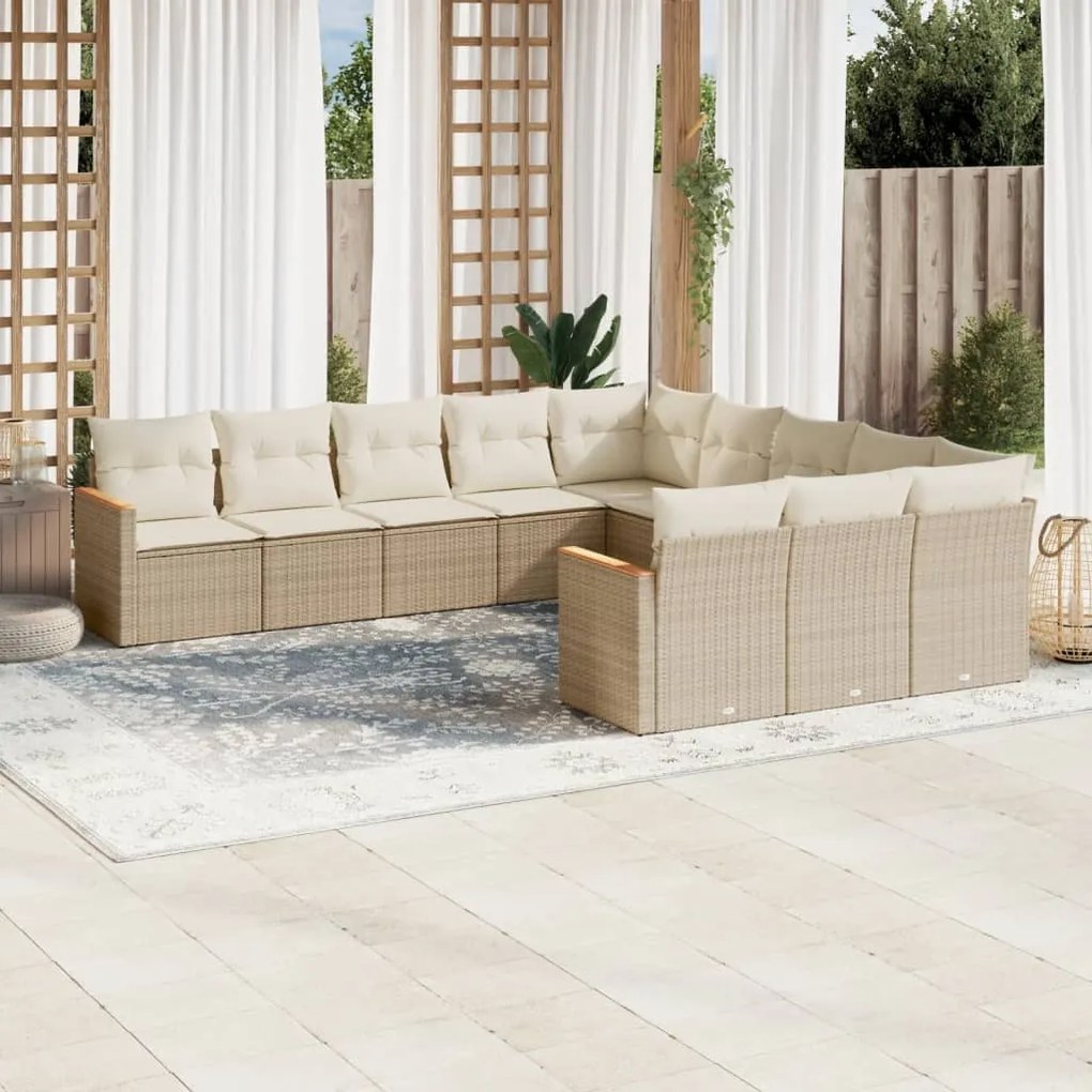 11 pcs conjunto sofás de jardim c/ almofadões vime PE bege