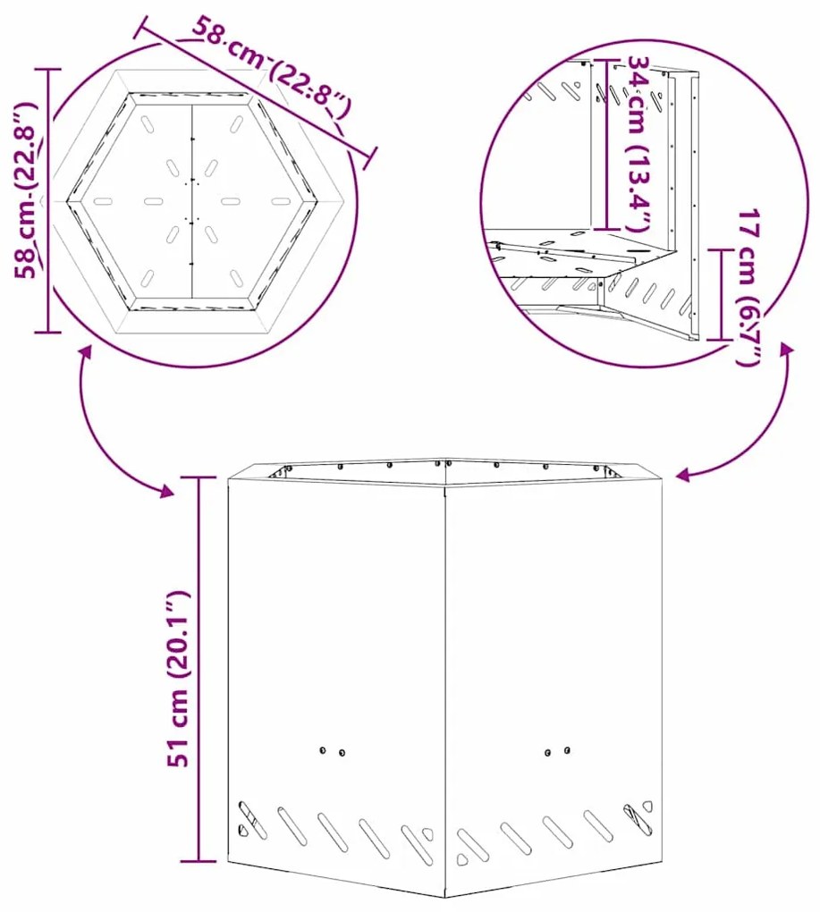 Fogueira Sem Fumaça Hexagonal Preta 58x58x51 cm Aço