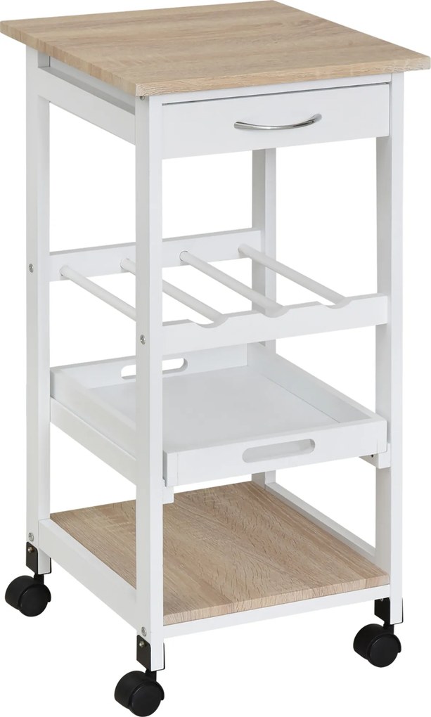 Carrinho de Cozinha com 4 Níveis com Rodas Prateleira Gaveta Bandeja 37x37x76 cm Branco