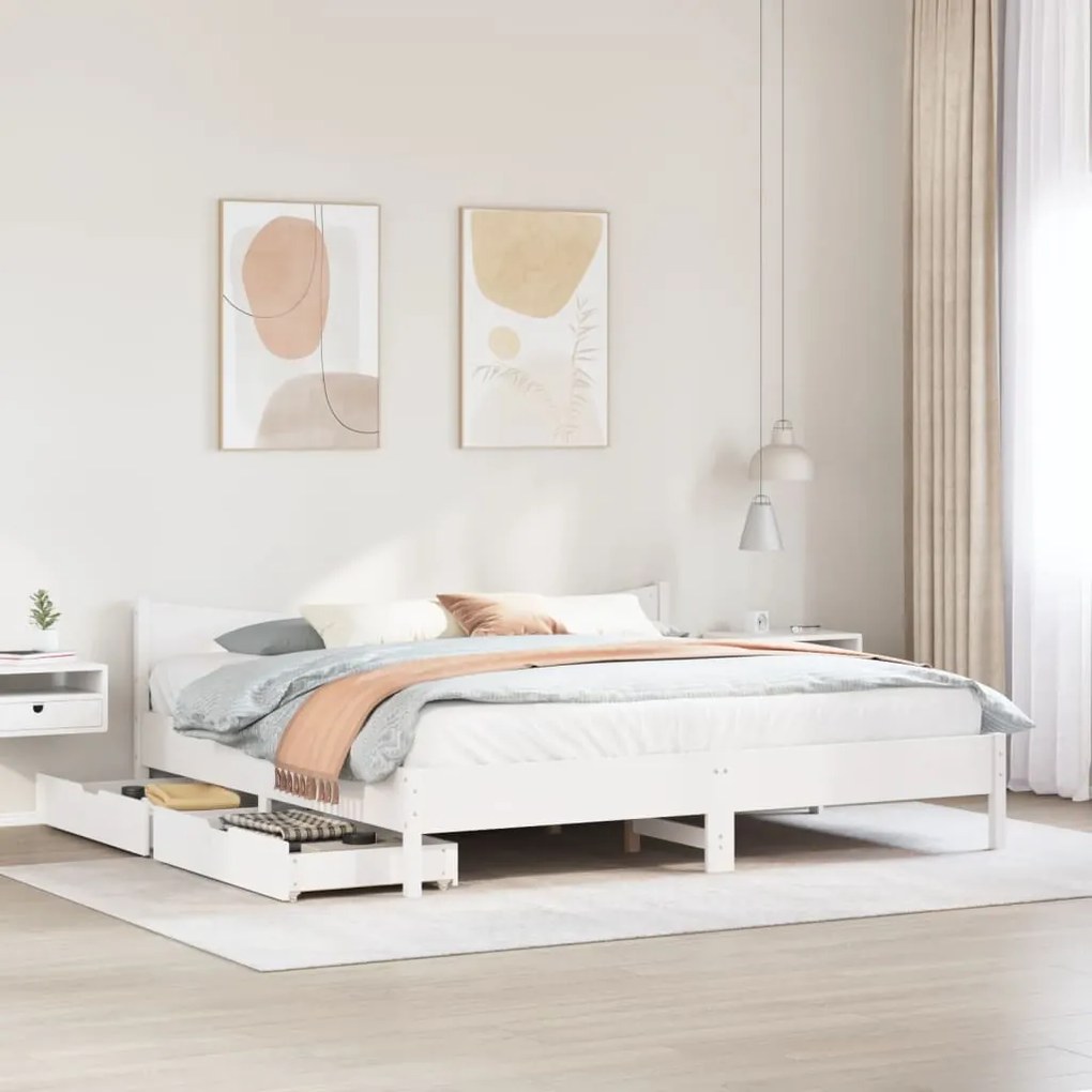 Estrutura de cama c/ gavetas 180x200 cm pinho maciça branco