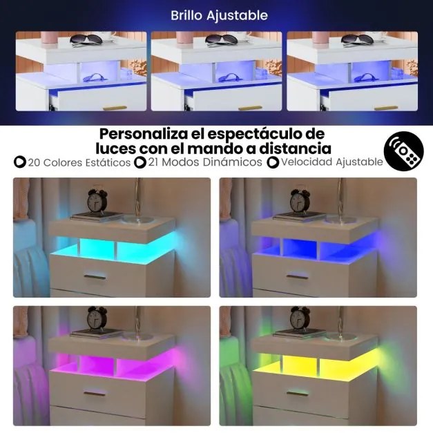 Mesa de cabeceira LED com 2 gavetas Mesa de cabeceira moderna com modo de luz ajustável e controlo remoto 50 x 40 x 58 cm Branca