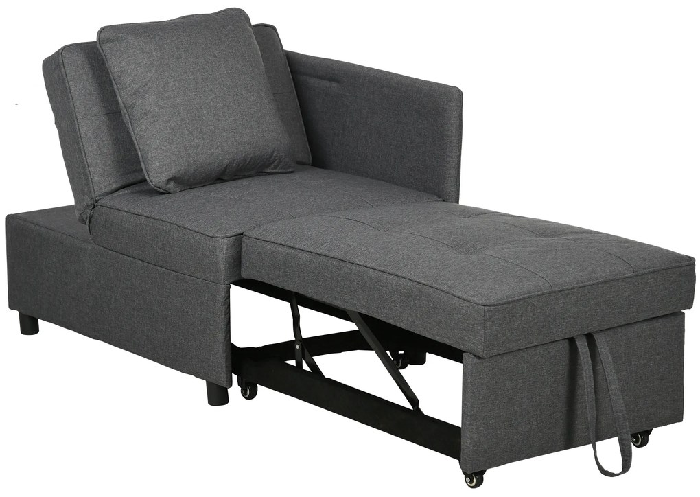 HOMCOM Sofá Cama 3 em 1 Sofá de 2 Lugares com Encosto Ajustável Sofá Cama Individual com Almofadas 65x98x69 cm Cinzento