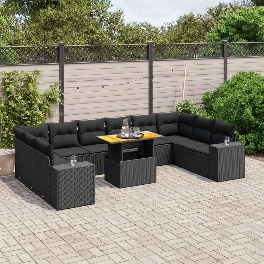 11 pcs conjunto sofás de jardim c/ almofadões vime PE preto