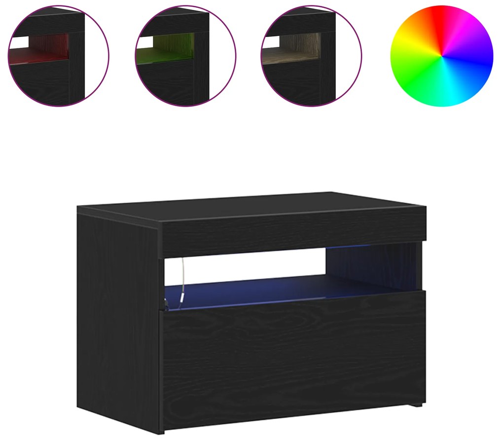Armário de Cabeceira com Luzes LED Carvalho Preto 60x35x40 cm Madeira