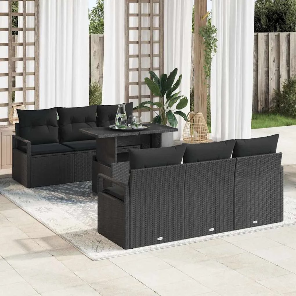vidaXL Conjunto de Sofá de Jardim com travesseiro 7 pcs Preto vime PE