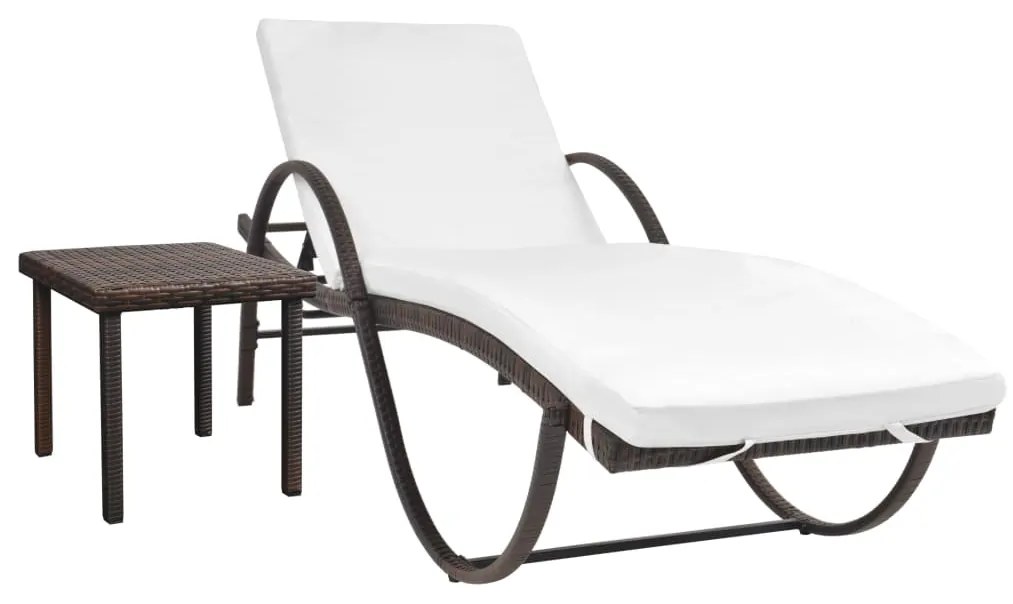 vidaXL Espreguiçadeira com almofadão e mesa vime PE castanho