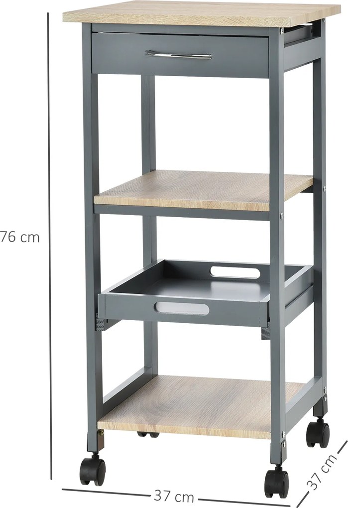 Carrinho de serviço de cozinha com rodas, 2 prateleiras + tabuleiro amovível + gaveta em madeira de pinho MDF cinzento carvalho claro