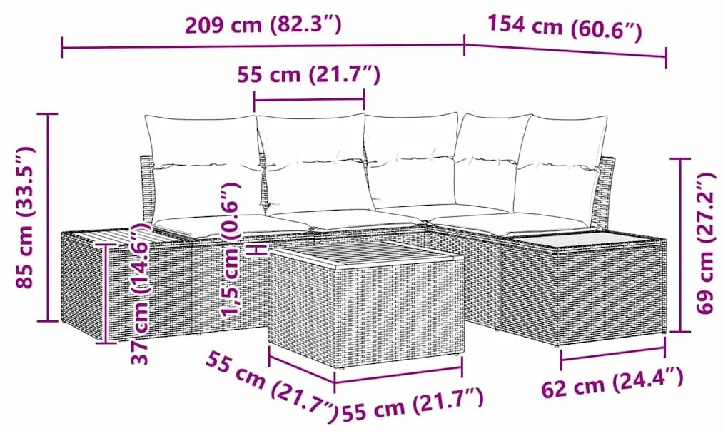 Conjunto de Sofá de Jardim de 5 Peças com Almofadas Cinza Rattan Sinté