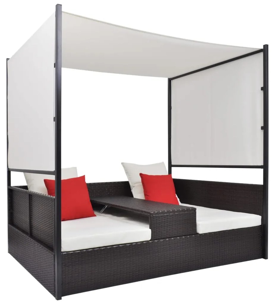vidaXL Espreguiçadeira de jardim com toldo 190x130 cm vime PE castanho