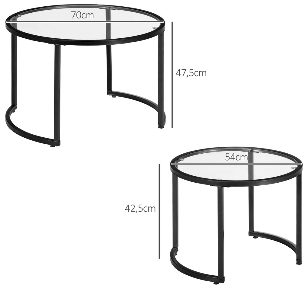 Conjunto de 2 Mesas de Apoio Redondas Bancada de Vidro Temperado e Estrutura de Aço Grande 70 cm Pequena 54 cm Preto e Transparente