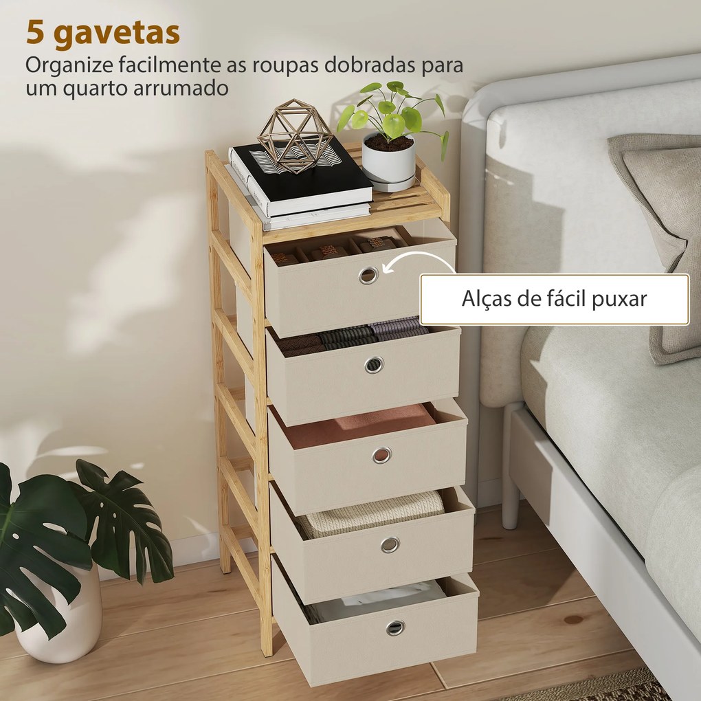 Cómoda com 5 Gavetas em Tecido, Estrutura de Bambu, Ideal para Espaços Pequenos, Creme e Madeira