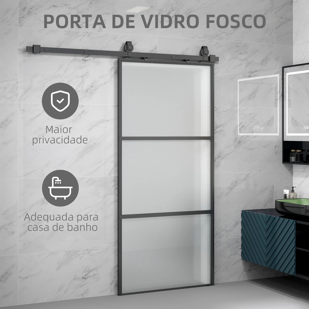 Porta de Correr de Vidro com Mecanismo de Fecho Suave para Casa de Banho Sala de Estar Cozinha 91,4x203,2 cm Preto