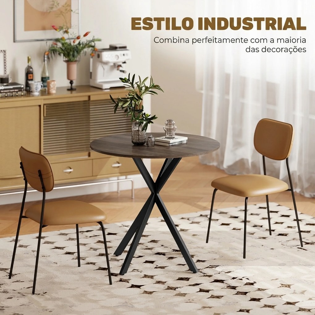 Mesa de Jantar Redonda para 2 Pessoas (CADEIRAS NÃO INCLUIDAS) com Pernas em Aço Cruzadas Ø80 x 75 cm, Castanho