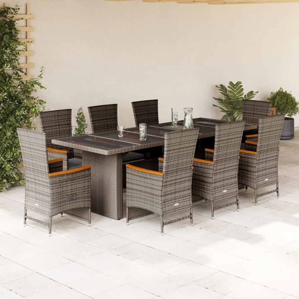 vidaXL 9 pcs conjunto de jantar p/ jardim c/ almofadões vime PE cinza
