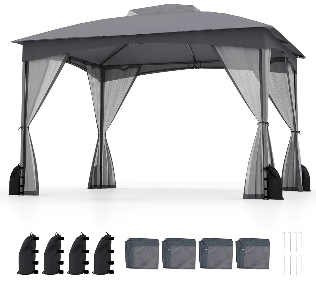 Gazebo de pátio de 10 x 12 pés com paredes de rede e 4 sacos de areia - marrom