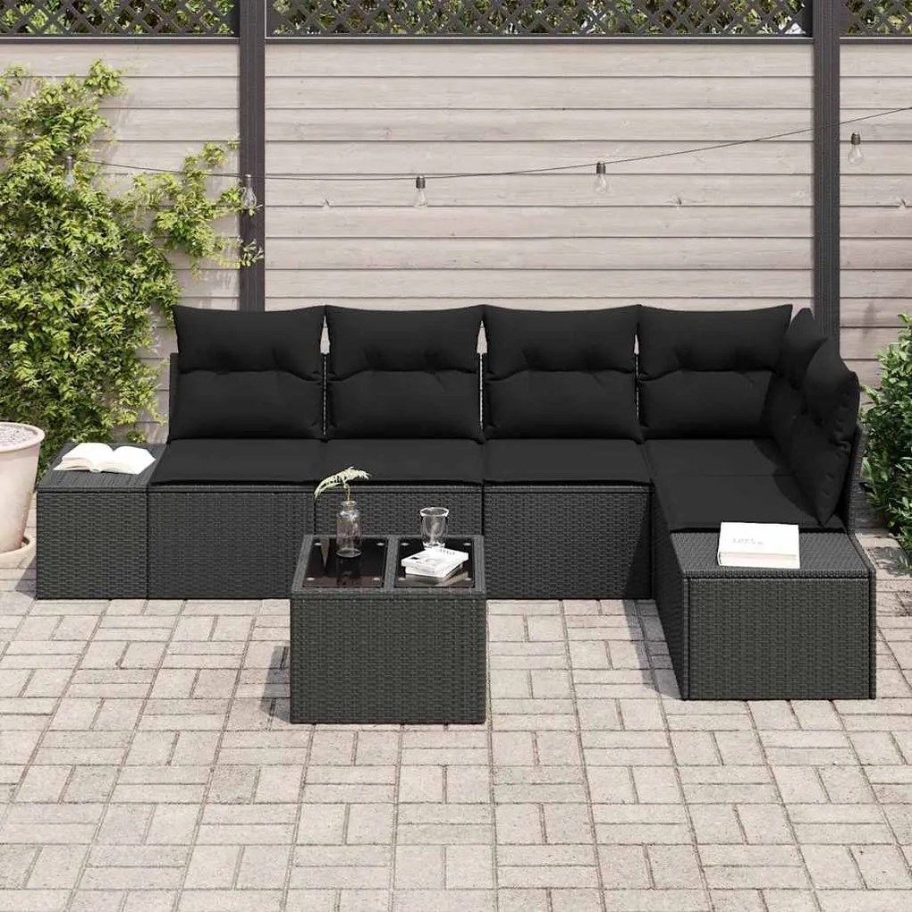Conjunto de Sofá de Jardim com 6 Peças e Almofadas Pretas em Rattan