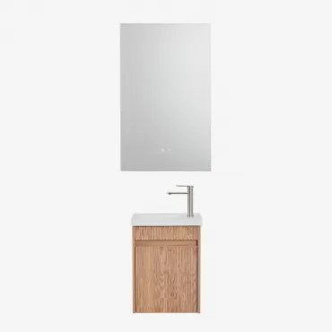 Conjunto De Móvel De Casa De Banho Suspenso Em Madeira Com Lavatório Integrado Narek Castanho Fresno & Retangular Led E Anti-embaciamento 55x90 Cm Rib