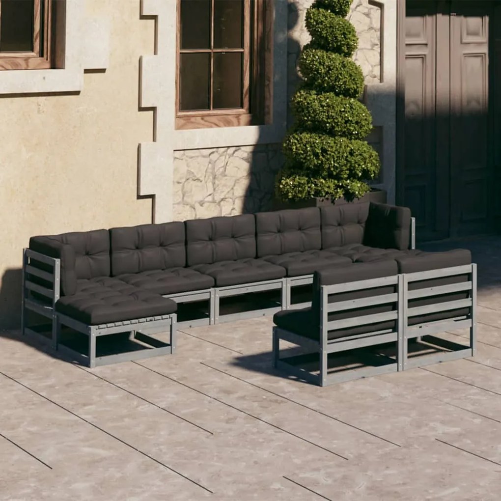vidaXL 9pcs conjunto lounge de jardim c/ almofadões pinho maciço cinza