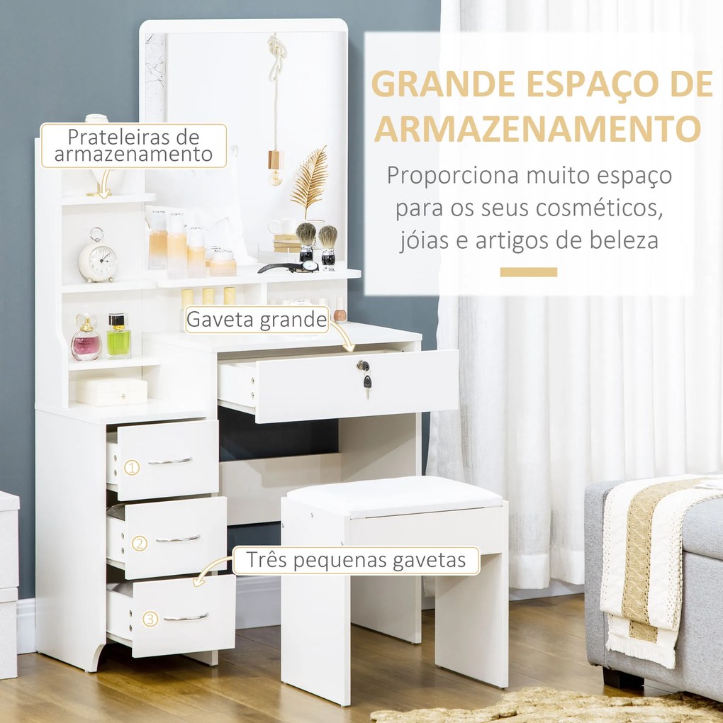 HOMCOM Toucador de Maquilhagem com Banco e Espelho Mesa de Maquilhagem com 4 Gavetas 4 Compartimentos de Armazenamento Estilo Moderno 80x38x143cm Branco
