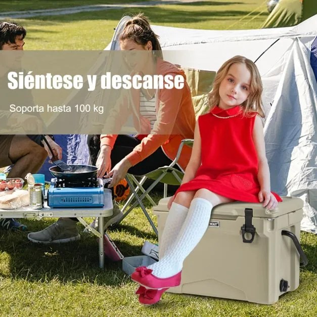 Geleira térmica robusta rotomoldada de 21 L com pega de alumínio Suporte para copos integrado Retenção de gelo durante 5-7 dias para campismo Castanha