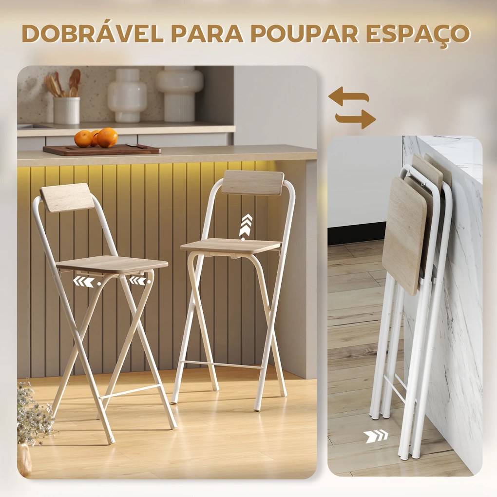 Conjunto de 2 Bancos de Bar Dobráveis Bancos Altos de Cozinha com Encosto Apoio para os Pés 37x45x87 cm Madeira