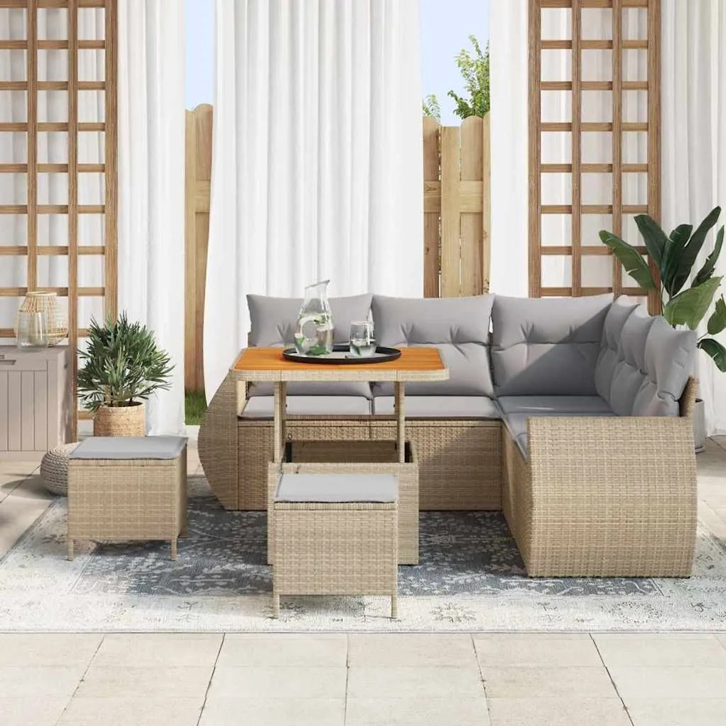 Sofá de Jardim com 8 Peças e Almofadas em Bege, Feito de Rattan e Poli