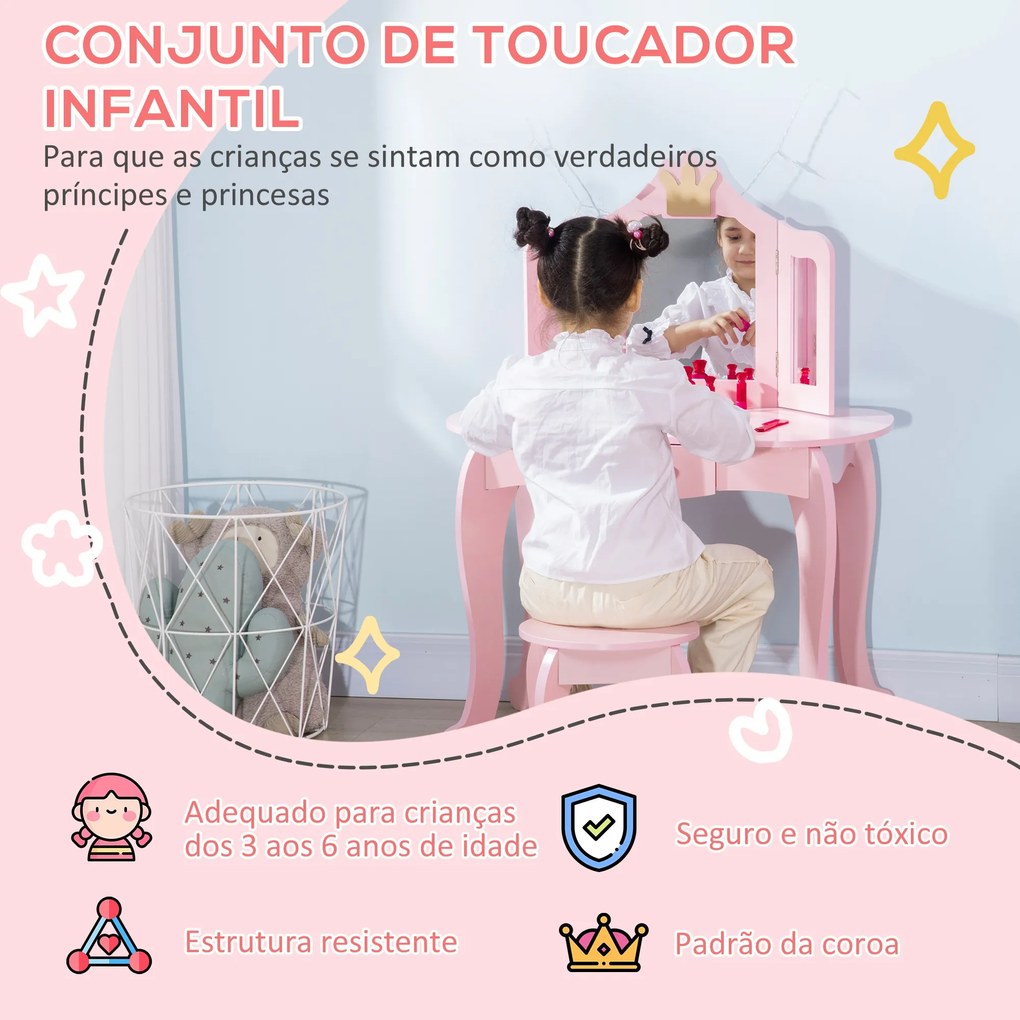 Toucador Infantil de Madeira com Banco e Espelho Dobrável Mesa de Maquilhagem para Crianças de 3-6 Anos com Gaveta Estilo Princesa 79x48x103cm Rosa