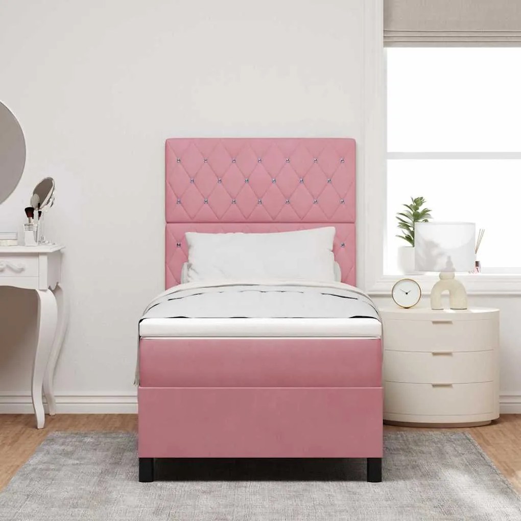 Cama Box Spring com Colchão e LED Rosa 90x190 cm Veludo