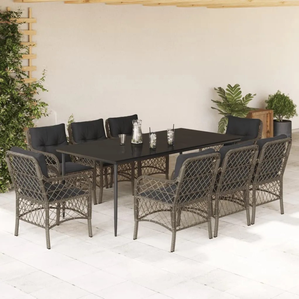 9 pcs conjunto de jantar p/ jardim c/ almofadões vime PE cinza