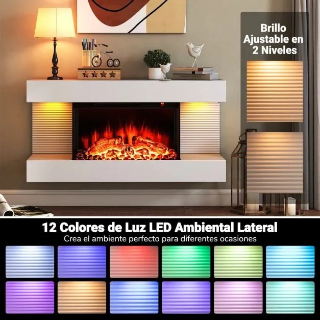Lareira elétrica de parede 82 x 20,6 x 41,8 cm de 32″ com prateleira flutuante, luzes LED com 12 cores de chama e proteção contra sobreaquecimento, co