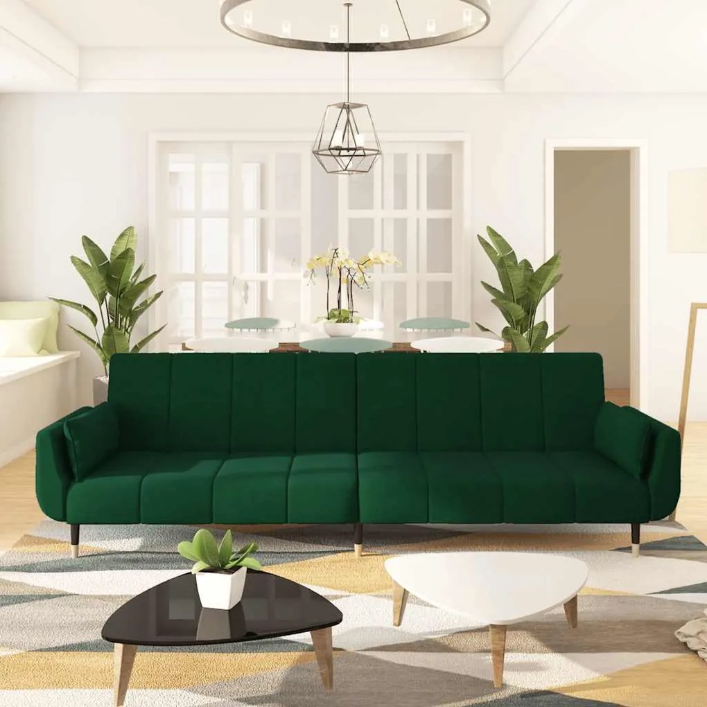 vidaXL Sofá-cama 2 lugares com duas almofadas veludo verde-escuro