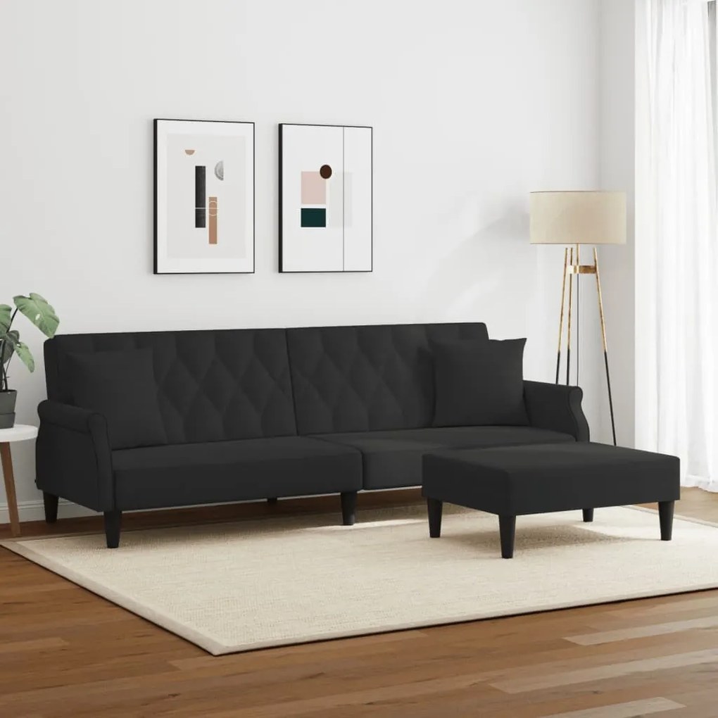 Sofá-cama 2 lugares c/ almofadas e apoio de pés veludo preto